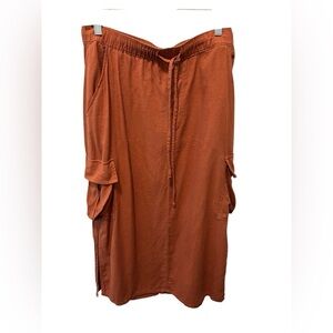 Sanctuary Linen Utility Cargo MIDI Skirt Sz XL Rust Drawstring Waist Split Sides